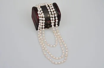 

Hand knotted 7-8mm white freshwater pearl gold glass crystal necklace sweater chain 122cm long multilayer fashion jewlery