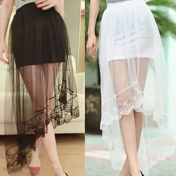

2017 Vintage Skirt Women Mesh Perspective Lace Tail Stretch High Waist Plain Skater Flared Pleated Long Skirts Black White
