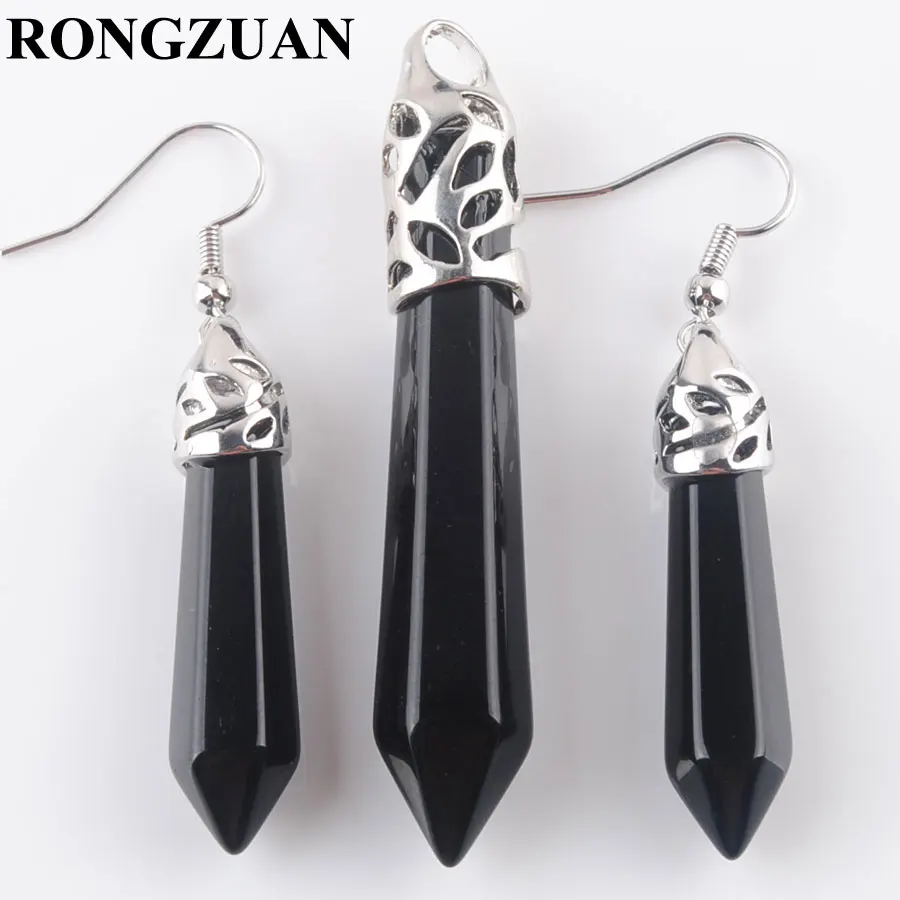 Black Agate RONGZUAN Природный Опалит авантюрин Рок Камень шестиугольные Рейки Чакра бусины кулон длинные висячие серьги комплект ювелирных изделий TBQ307 - Окраска металла: Black Agate
