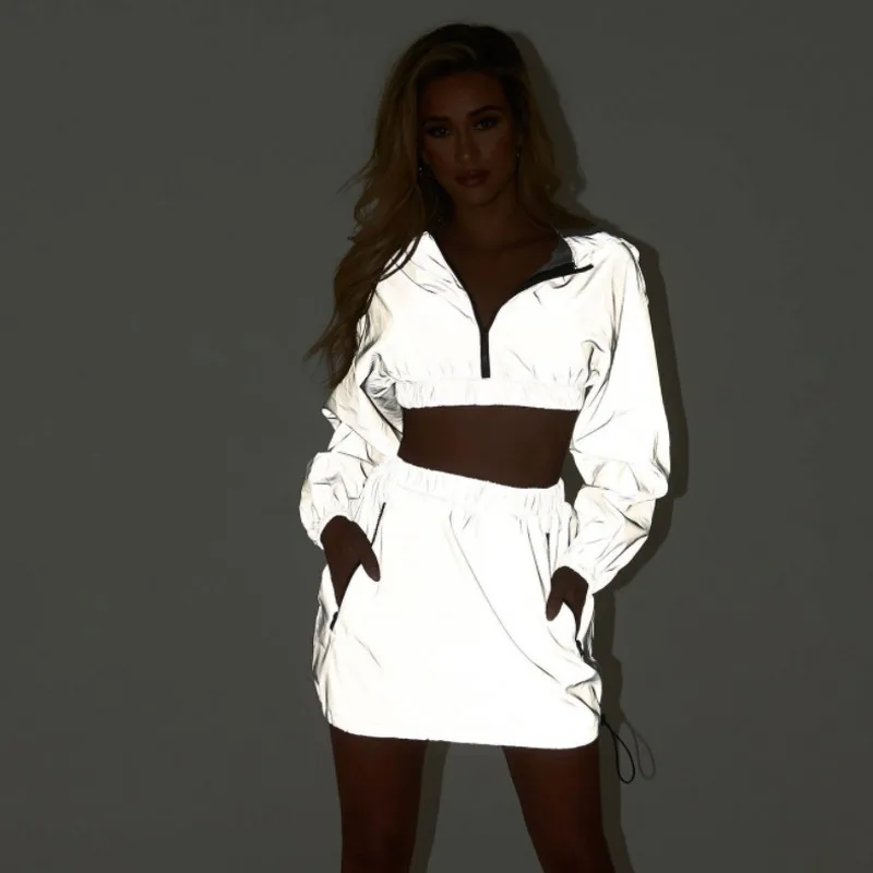 

Zmvkgsoa Reflective Set Women Two Piece Outfits Skirt Sets Hooded Pullover Crop Top And Skirts Gray Streetwear Y10494