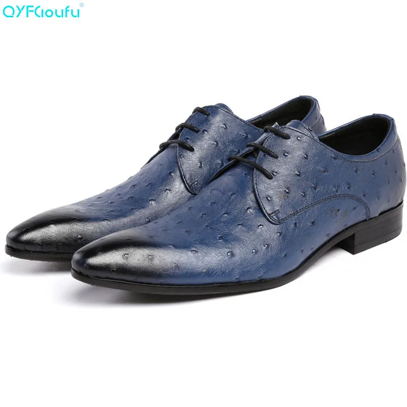 

Luxury Brand Man Pointed Toe Dress Shoes Mens Genuine Leather Blue Wedding Shoes Oxford Ostrich Pattern Formal Shoes