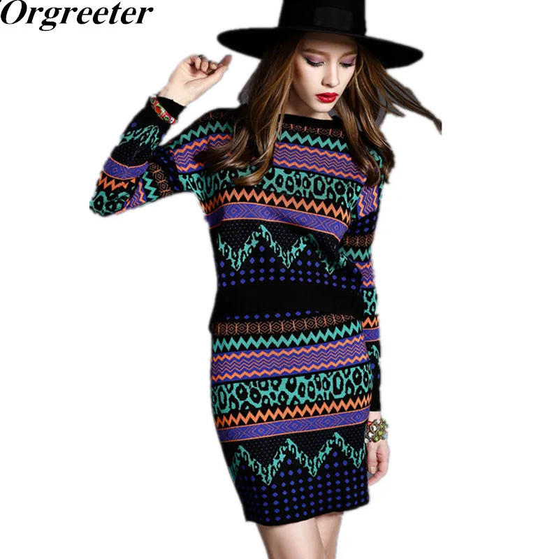 

Orgreeter Autumn Winter New 2018 Women Geometric Print Sweater Tops and Mini Skirt Sets Contrast Color Patterns Knitting Set