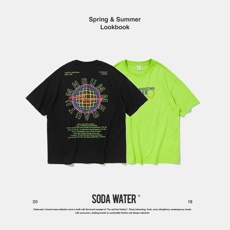 

SODA WATER Graphic Print T-shirt Men Fluorescent Streetwear Hip Hop Soft Summer Tops Tee Homme 100% Cotton Top Tee 91135S