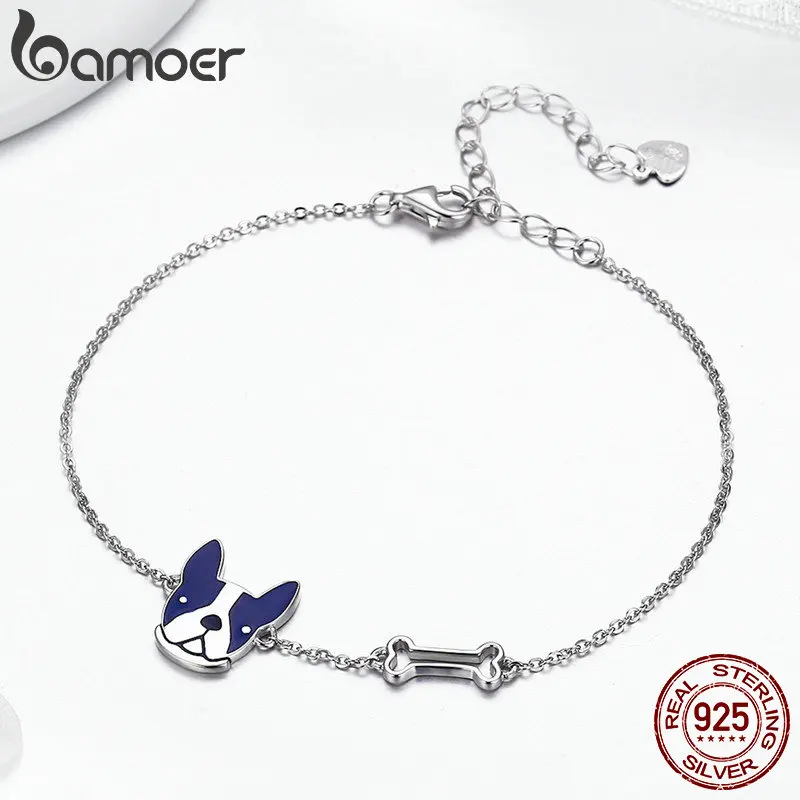 Tanie BAMOER gorąca sprzedaż 100% 925 Sterling Silver buldog francuski i pies kości Lobster Chain Link kobiety bransoletka biżuteria srebrna SCB064