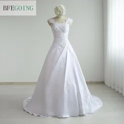 New Arrival Fashion Satin A-Line Wide Straps Appliques Floor-Length Chapel Train Wedding Dress