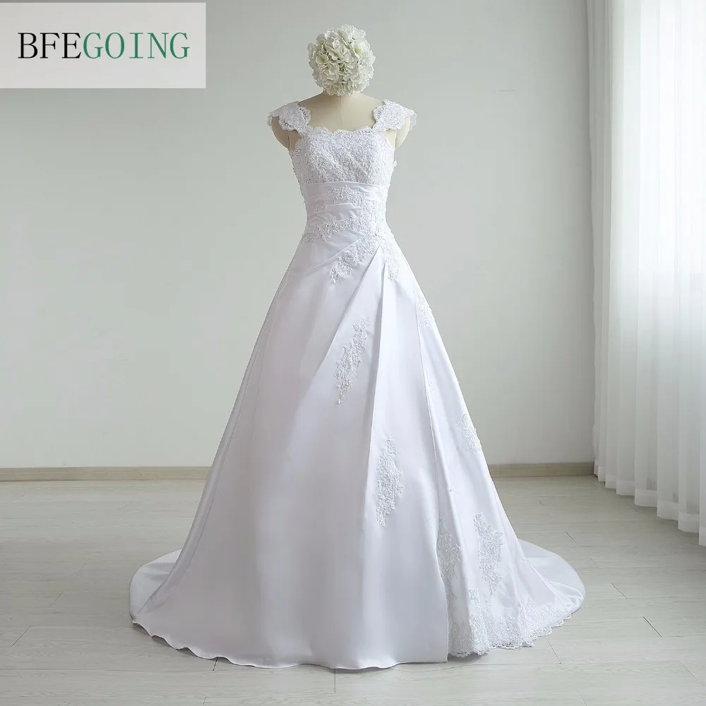 

New Arrival Fashion Satin A-line wide Straps Appliques Floor-Length Chapel Train Wedding dress