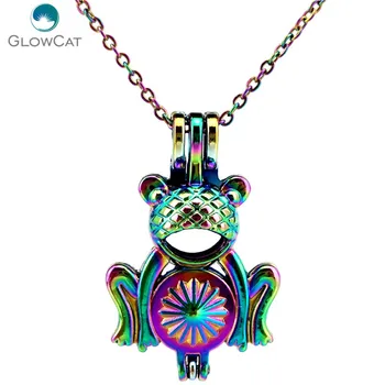 

C667 Rainbow Color Cartoon Frog Bead Pearl Cage Necklace Pendant Aroma Essential Oil Diffuser Locket Necklace