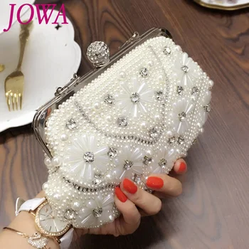 

2019 Women's Fashion Evening Bags Socialite Pearl Handbag Wedding Party Package Diamond Mini Clutch Night Purse White Chains Bag