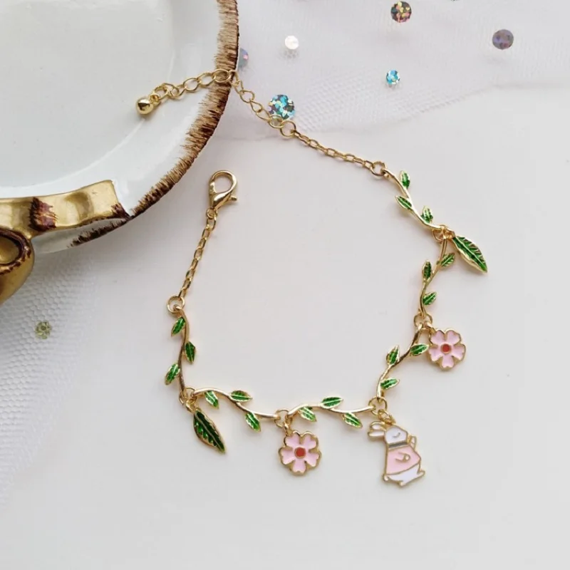 Новые цветы вишня листья Свежий маленький браслет Девушки Мода милый кролик розовый браслет синий кристалл ювелирные изделия подруги друзья