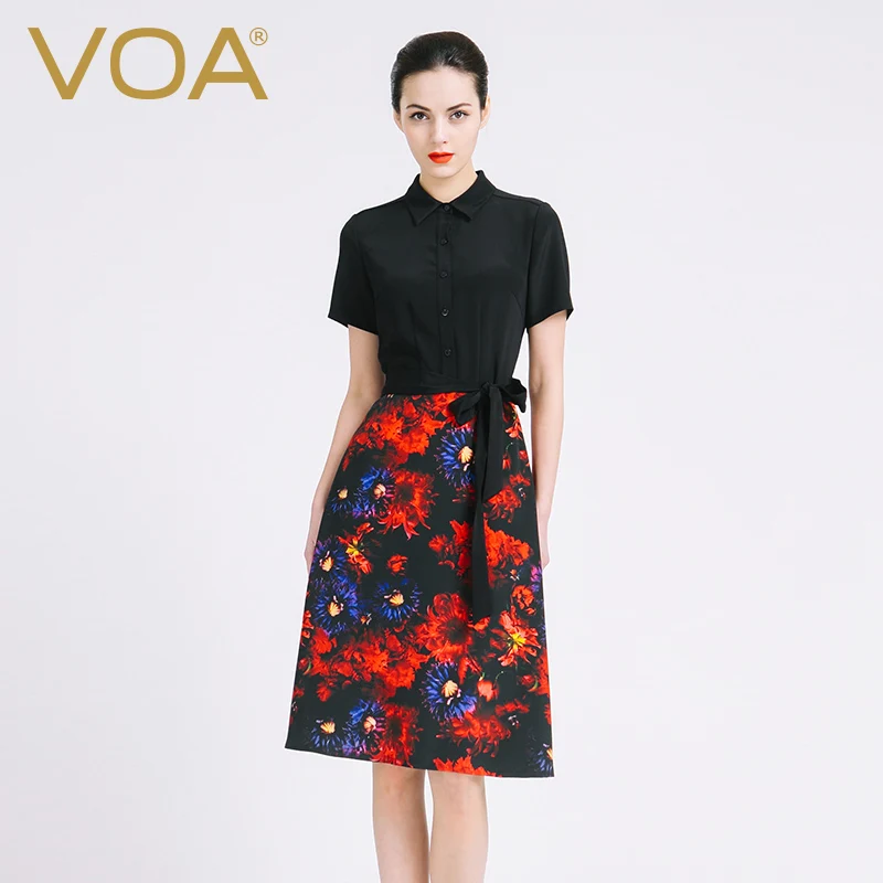 VOA 2018 Zomer Zware Zijden Vrouwen Vintage Shirt Jurk Mode Plus Size Zwarte Elegante Spandex Sjerpen Print A-lijn Jurk A6813 VOA 2018 Zomer Zware Zijden Vrouwen Vintage Shirt Jurk Mode Plus Size Zwarte Elegante Spandex Sjerpen Print A-lijn Jurk A6813