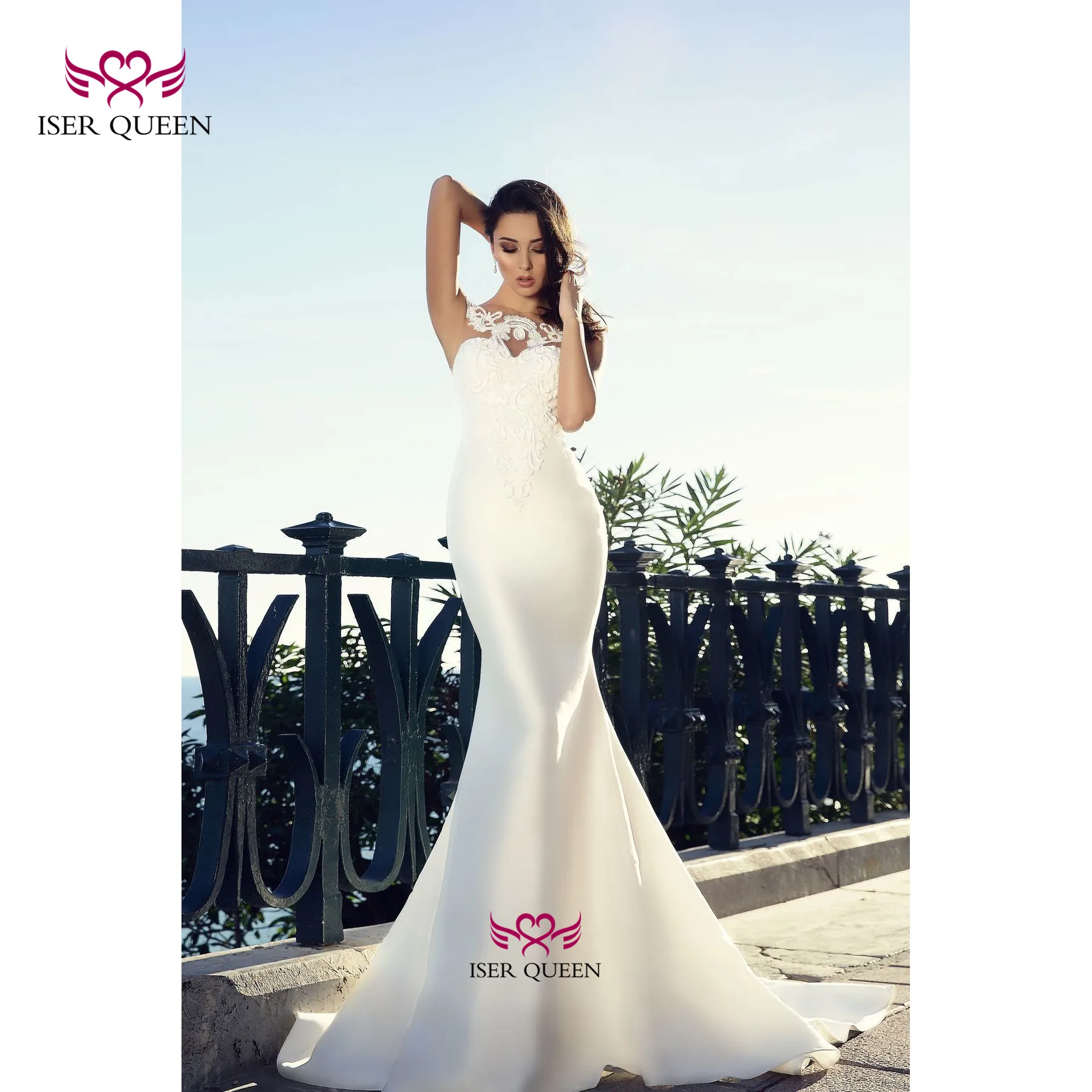 

Beach Wedding Dress Embroidered Lace on Net Pure White Mermaid Vestito Sposa Sweetheart Neckline vestidos novia w0556