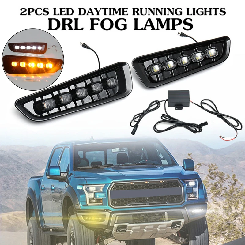 

Pair IP66 Car Flashing LED Daytime Running Lights DRL Fog Lamp For Ford F150 Raptor 2016 2017 2018 Turn Signal Yellow+White