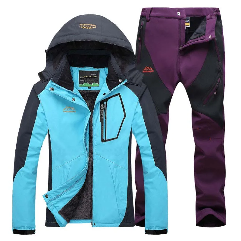 TRVLWEGO женские зимние водонепроницаемые рыболовные термо брюки треккинговые походные лыжные альпинистские 3 в 1 уличные куртки комплект костюм - Цвет: sky blue purple red