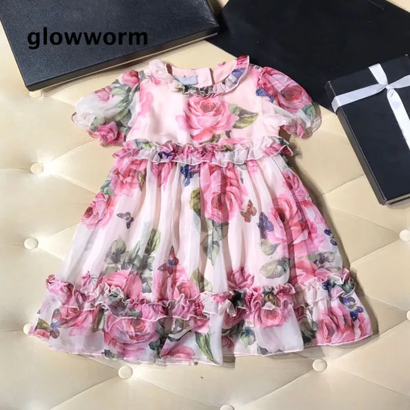 

GlowwormKids 2018 Summer New Girls Clothes Silk Rose FLowers Girls Dress Runway Short Sleeve Flouncing 2-7T hs055