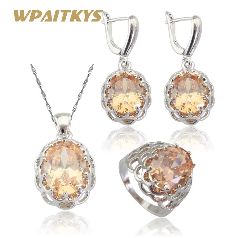 

Champagne Orange Cubic Zirconia Silver Color Jewelry Sets For Women Necklace Pendant Earrings Rings Free Gift Box WPAITKYS