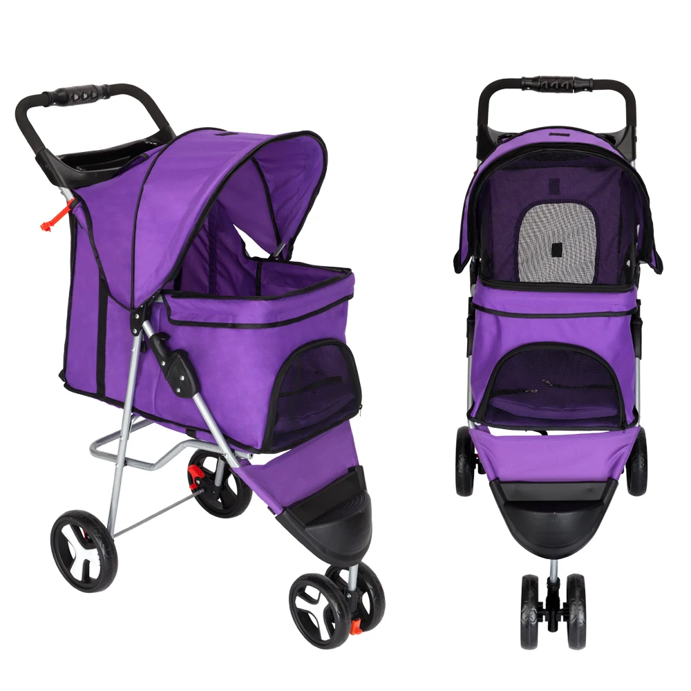 

Foldable Pet Stroller Cat Dog 3 Wheel Walk Portable Jogger Travel Folding Carrier Dog Cat Trolley Outdoor Pet Carrier Purple
