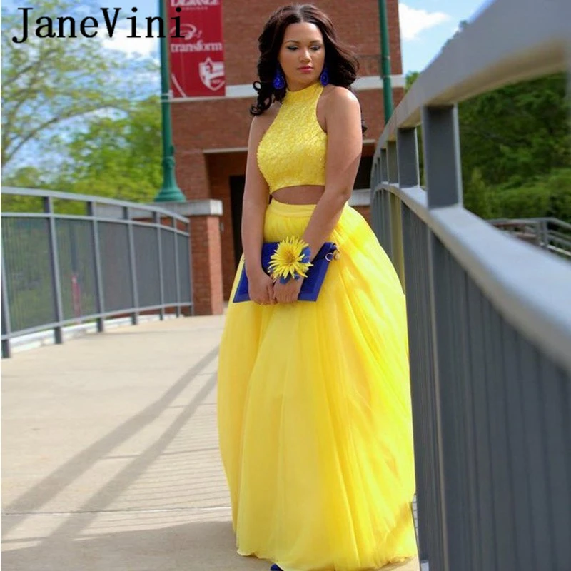 JaneVini Elegant Two Pieces Yellow Prom 