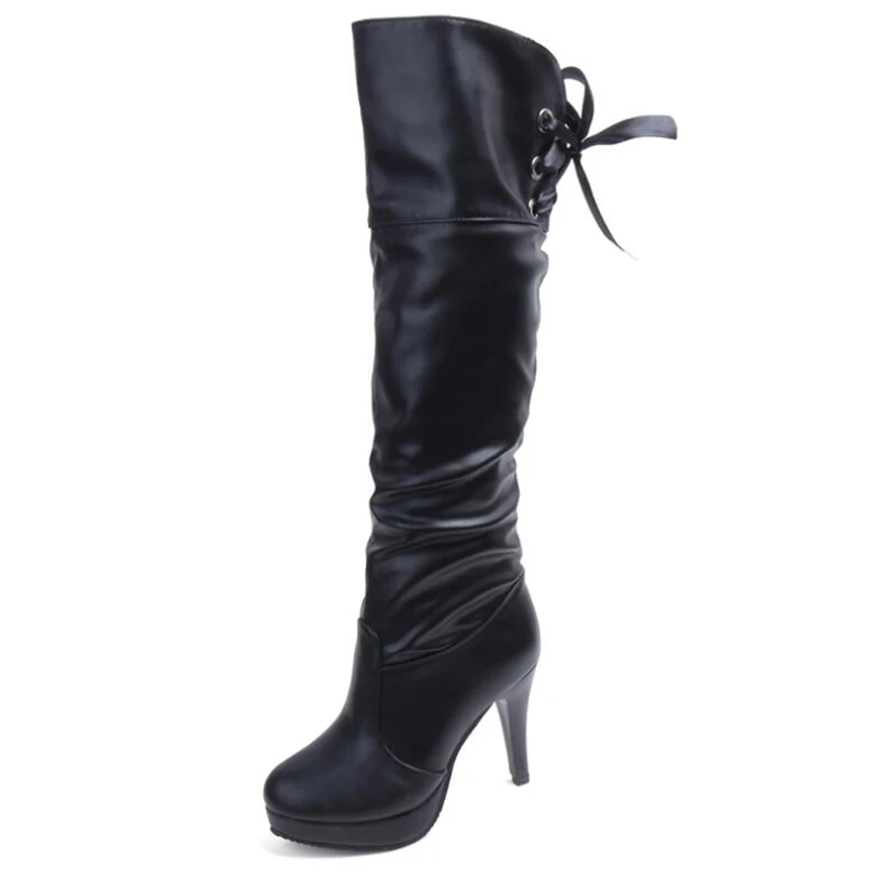 COVOYYAR/; белые сапоги до колена; сезон осень-зима; платформа тонкий каблук; женские Ботинки martin; женская обувь на шнуровке сзади; WBS759 - Цвет: Черный