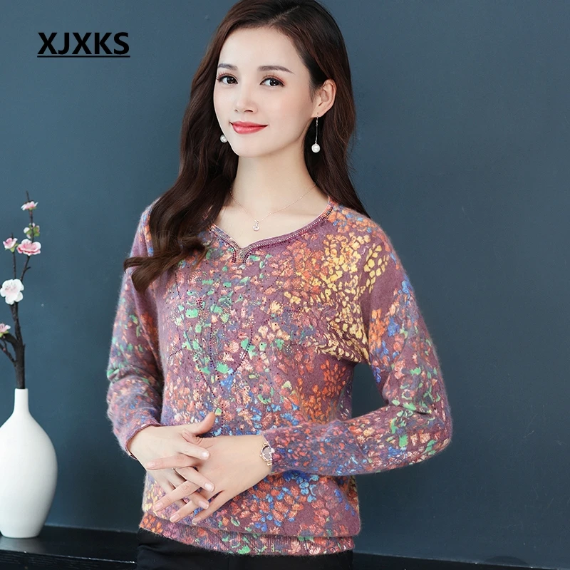 

XJXKS Women Clothes 2019 Pull Femme Print Sweater High Quality Mink Cashmere Ladies Sweater Comfortable Pullover Sweaters Women