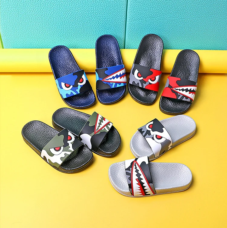 Модные детские тапочки для мальчиков с изображением акулы; летние сандалии; Детские Вьетнамки; детская повседневная Нескользящая пляжная обувь на плоской подошве