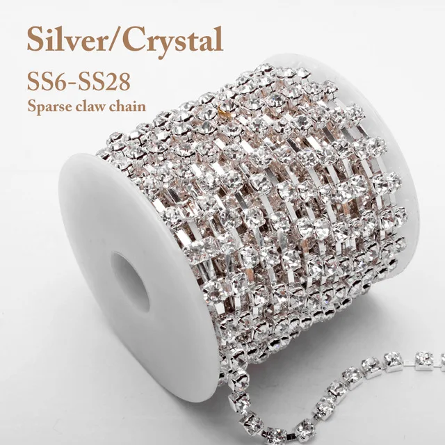 Редкие цепь страз в оправе кристаллические цепочки с кристаллами с серебрянной акантовкой, SS6/SS8/SS10/SS12/SS16/SS18/SS28/SS38 для одежды украшением в виде банта - Цвет: Crystal (Silver)
