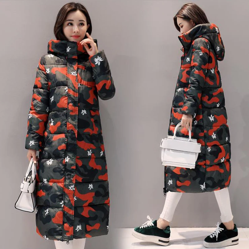 Print Puffer Jacket Long Parka Vintage Zipper Thicken Women Winter Clothes Parka Women Print X-Long Parka Bubble Coat Harajuku