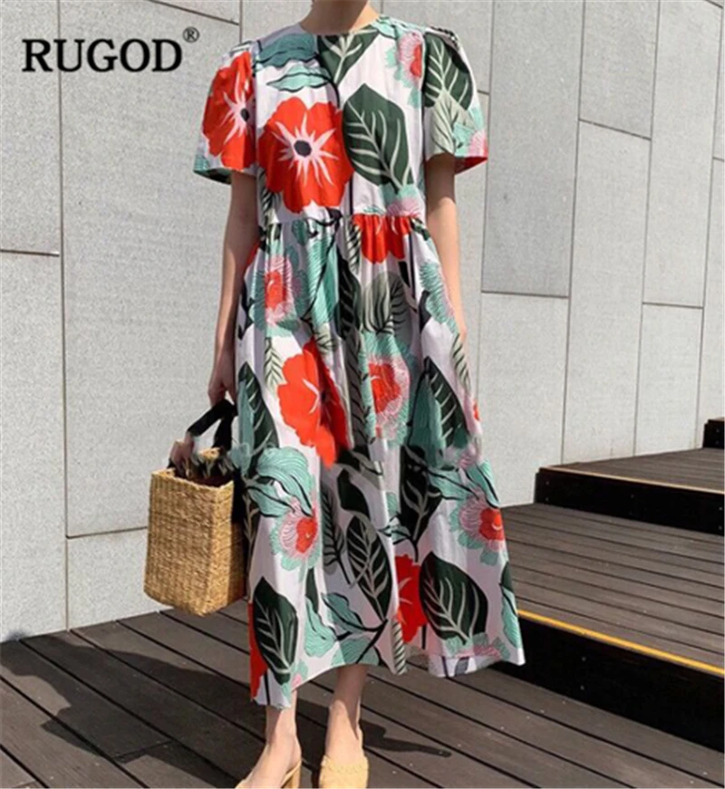 

RUGOD 2019 New Arrival Women Floral Dress O-neck Short Puff Sleeves Loose Straight Dress Age-reducing Temperament Mujer Dress