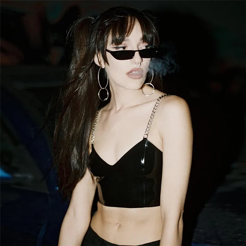 

JIEZuoFang Gothic tank top chain strap crop tops black solid sleeveless vest short darkness zipper backless summer pu camis
