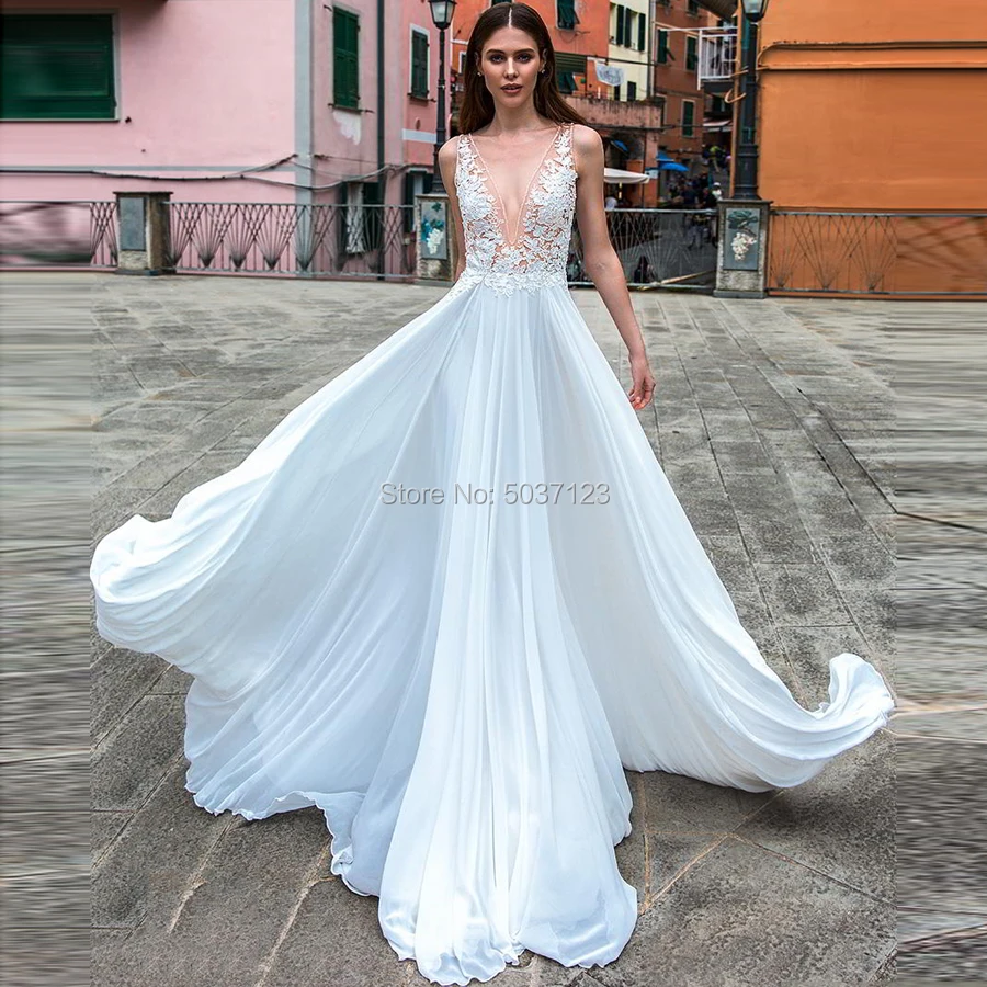 

Beach A Line Chiffon Wedding Dresses Deep V Neck Floor Length Sweep Train Button Illusion Wedding Bridal Gowns Vestido De Noiva