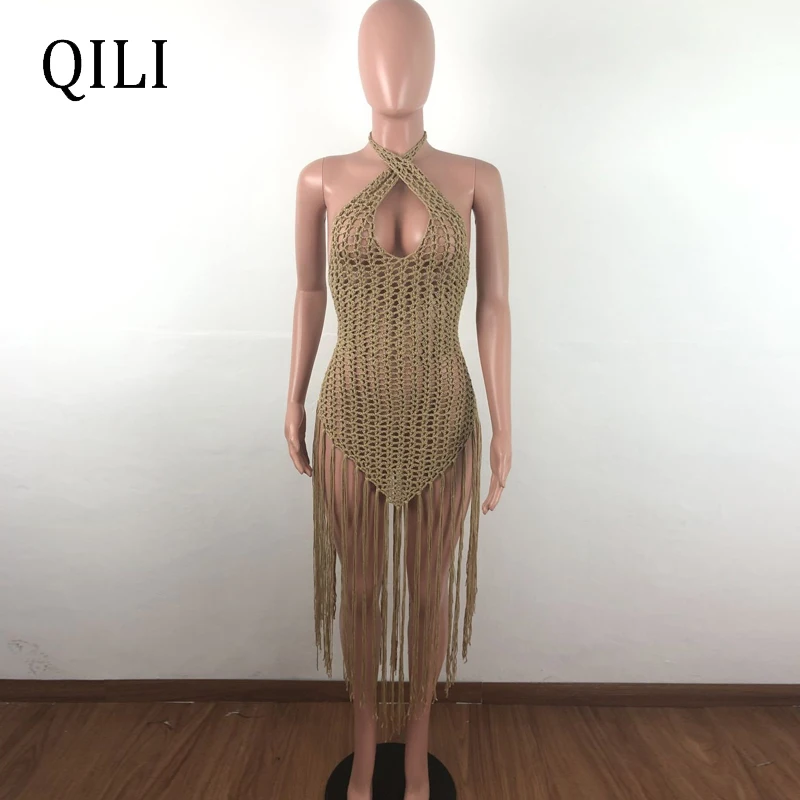 Женское трикотажное платье QILI летнее хлопковое без рукавов с сеточкой и