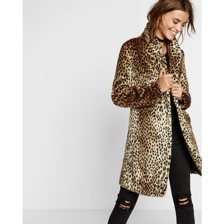 

Women Winter Plus Size Coat Overcoat Brown Leopard Coats Warm Fake Fur Long Coat