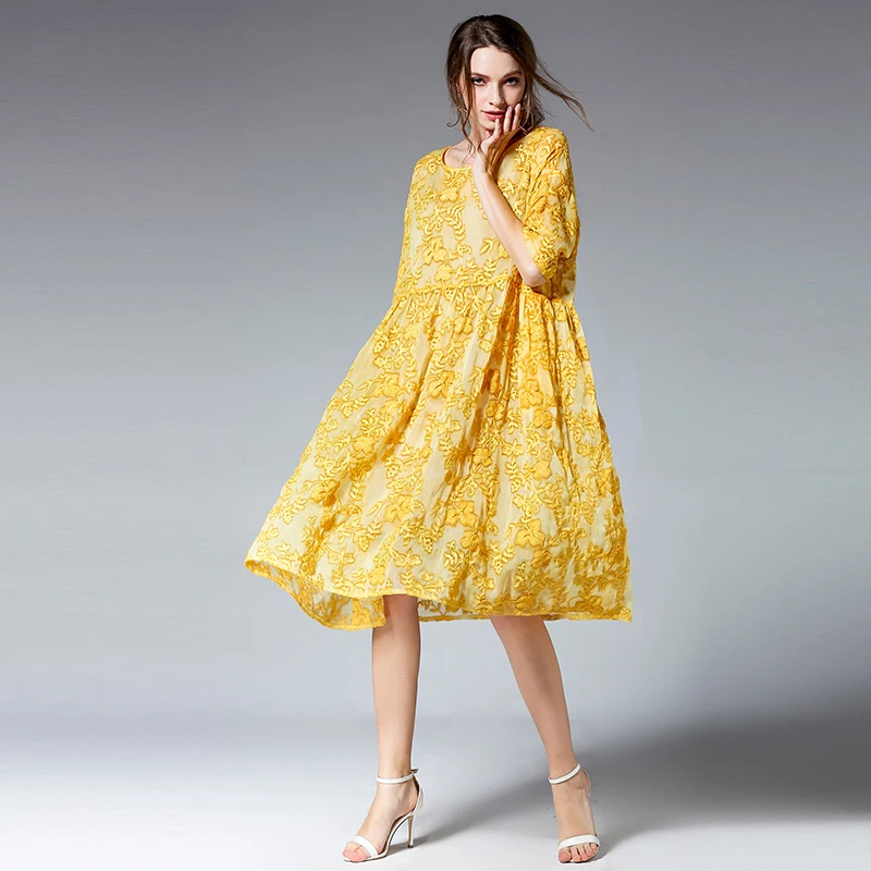 2018 Silk Embroidery Elegant Dress Women Half Sleeve Spring Office