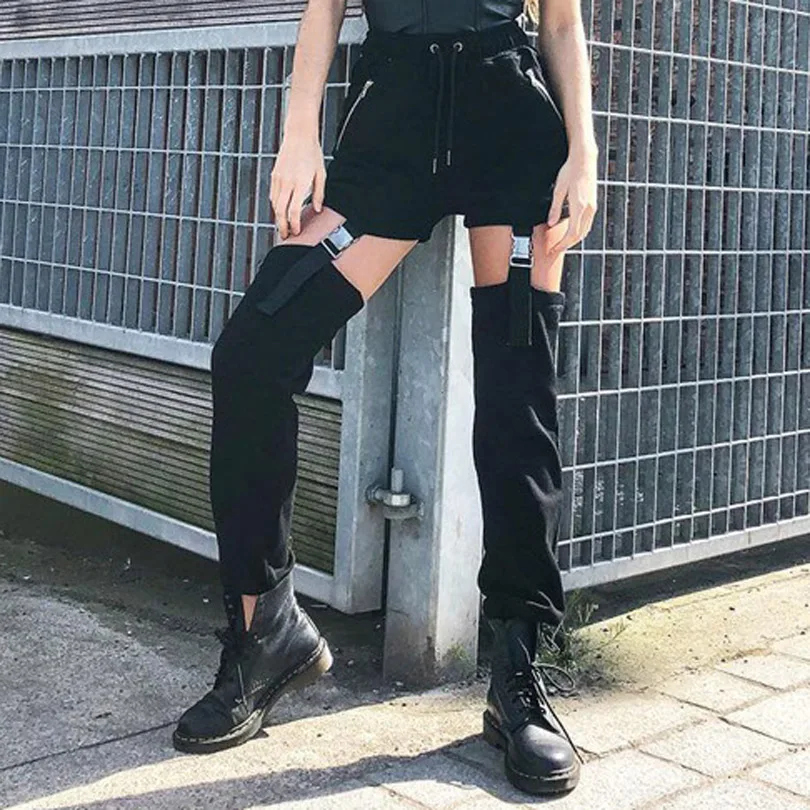 

Black Hollow out Leg Buckle Garter Link Punk Pants Women High Elastic Waist Long Pencil Trousers Gothic Girls Pants