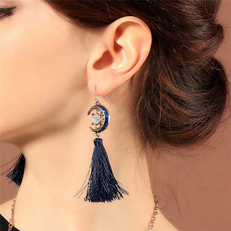 

BOAKO Charm Fashion Blue Moon Drop Fringe Earring Boho Tassel Earrings for Women Handmade Bohemian Long Earring Party Jewelry Z3
