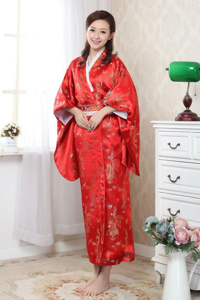 Free Shipping Vintage Japanese Women's Silk Satin Kimono Yukata Evening