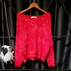 Cakucool, женские свитера с блестками, мохер, круглый вырез, толстый джемпер, тонкий корейский Блестящий свитер, вязаный пуловер, топы для женщин, 13 цветов - Цвет: red