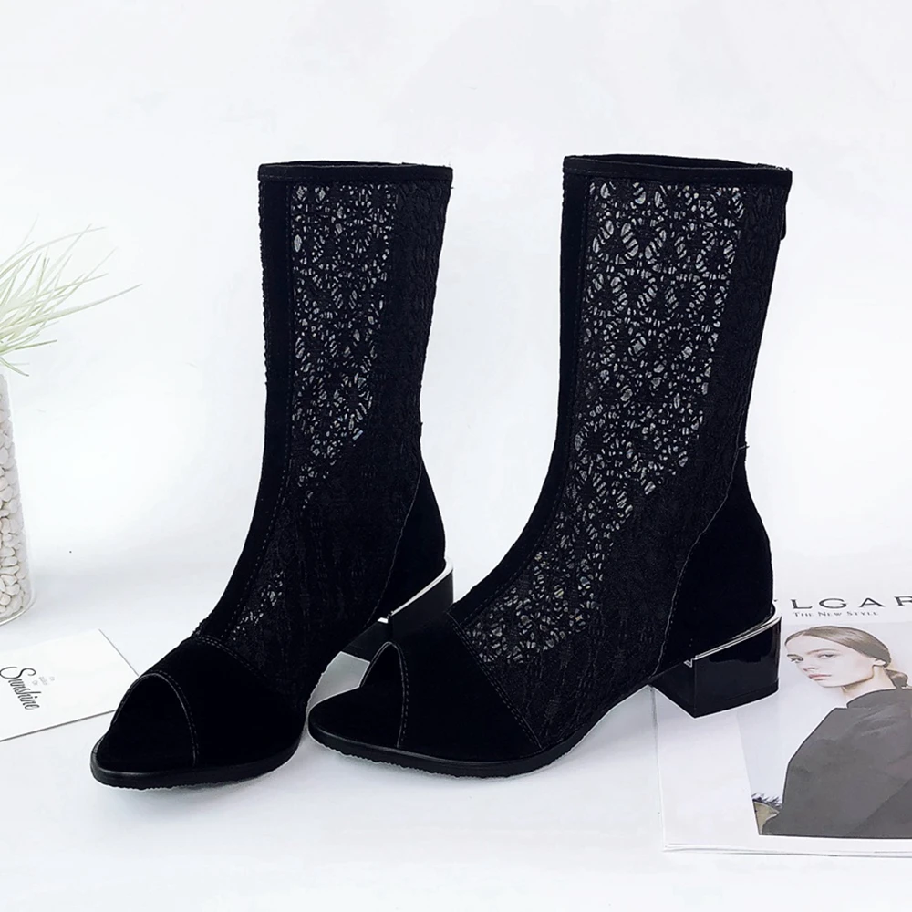 SIMLOVEYO/летние сапоги на шнуровке женские сапоги до середины икры с открытым носком обувь на плоской подошве с квадратным каблуком и сетчатой молнией женская классная обувь с перфорацией черного цвета
