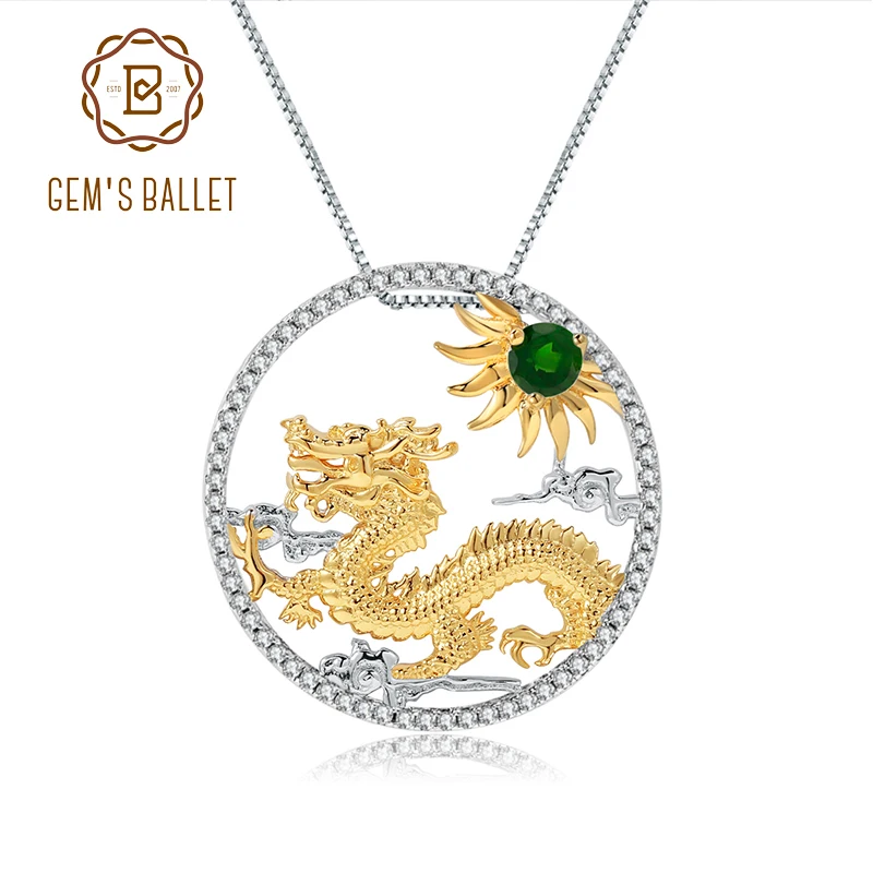 

GEM'S BALLET Chinese 12 Zodiac 925 Sterling Silver Flying Dragon Pendant Necklace For Women Natural Chrome Diopside Fine Jewelry