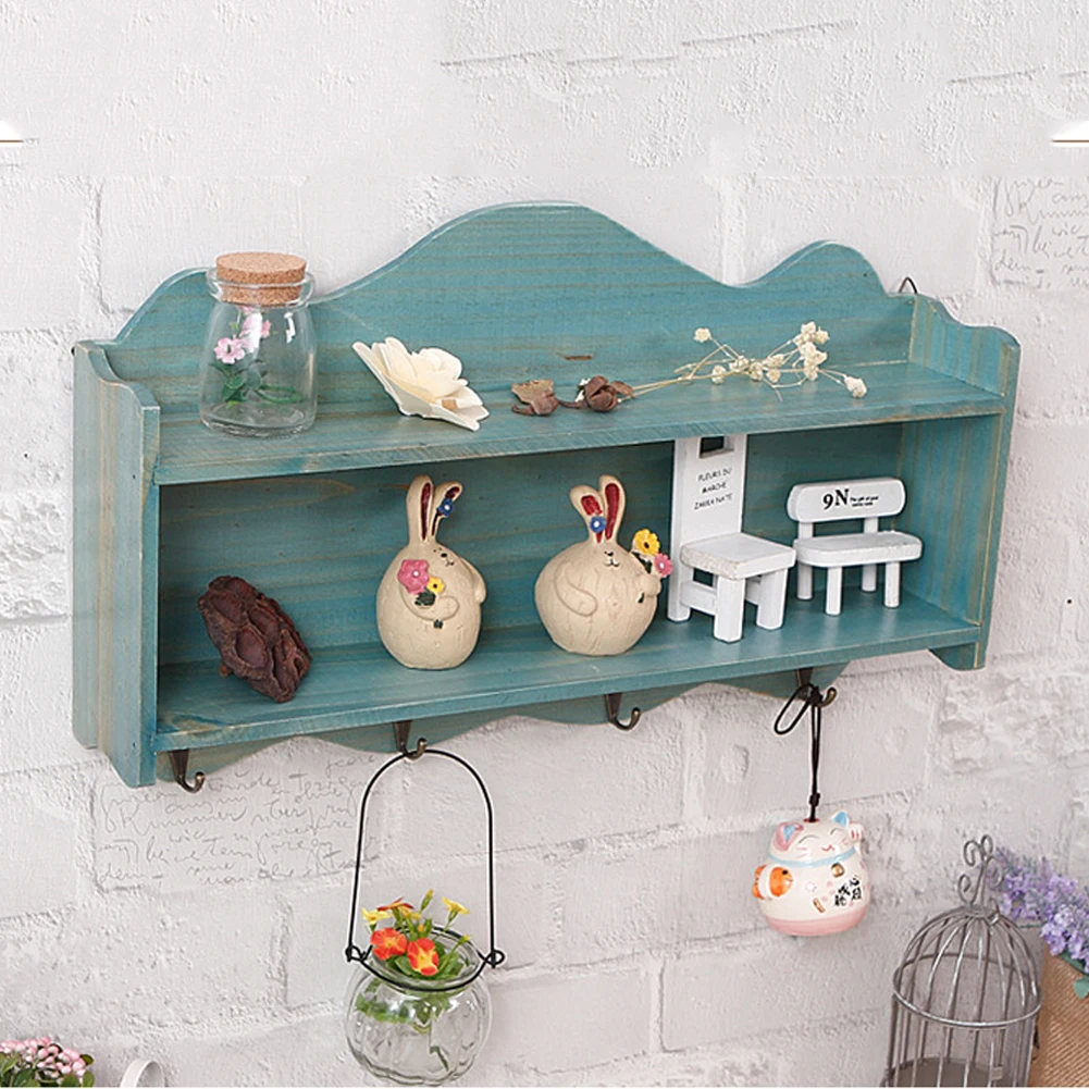 

Modern Home Hanging Decoration Vintage Painted Display Wooden Wall Shelf With Hooks Curved Rim Two Tier Organization Storage