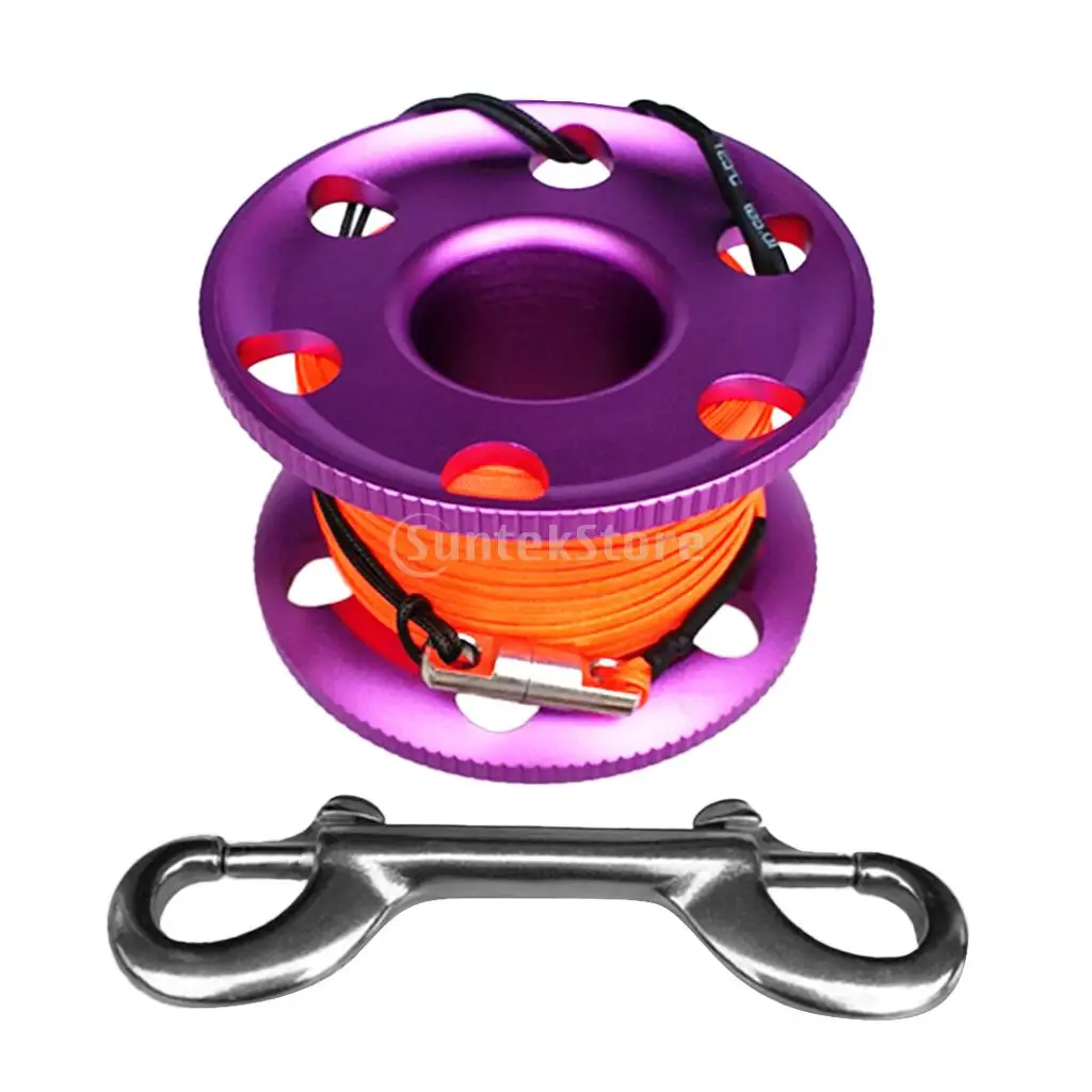 Scuba Diving Aluminium Finger Spool Reel 20/30/50M Line with Stainless Steel Snap Bolt Clip Black Blue Purple