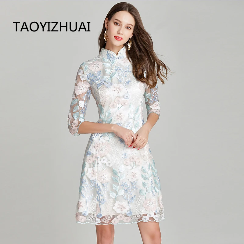 

TAOYIZHUAI Chinese Style Luxury Summer New Arrival Sheath Three Quarter Knee Length Large Size Elegant Party Lady Dress 11640