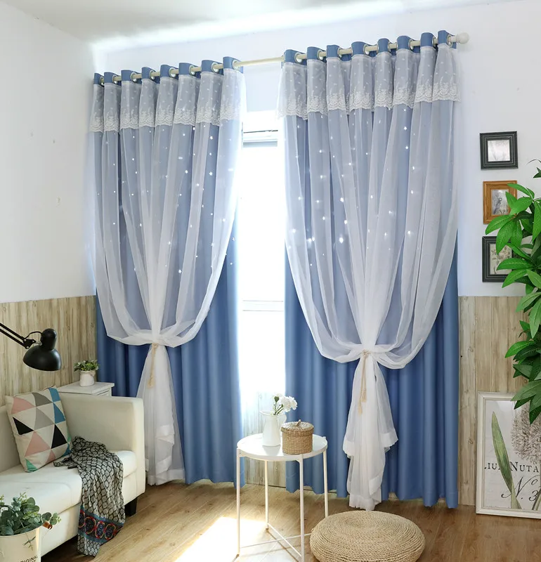SunnyRain 1 Piece Double layer Hollow out Stars Curtain For Bedroom