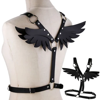 

Metal Leather Harness Lingerie Black Wing Angle Crop Tops Goth Punk Cage Straps Party Dance Festival Rave Adjust Bra Women