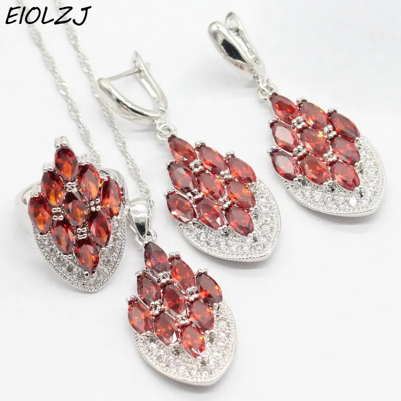 

Pomegranate Red Zircon Jewelry Silver 925 Stamp Sets for Women Pendant Necklace Drop Earrings Bracelet Ring Free Jewelry Box