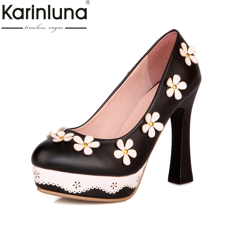 

Karinluna Size 32-43 Women Cute Flower Shoes Sexy High Heels Round Toe Party Wedding Platform Pumps
