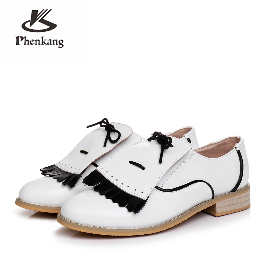 

Genuine cow leather brogues designer vintage flats shoes handmade oxford shoes for women big US size 10 black white 2018 sping