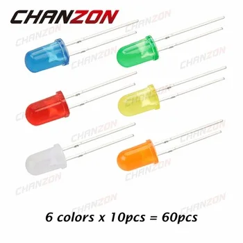 CHANZON 60pcs (6 colors x 10pcs) Diffused LED 5mm Light-Emitting Diode Lamp Assorted Kit Set White Red Green Blue Yellow Orange