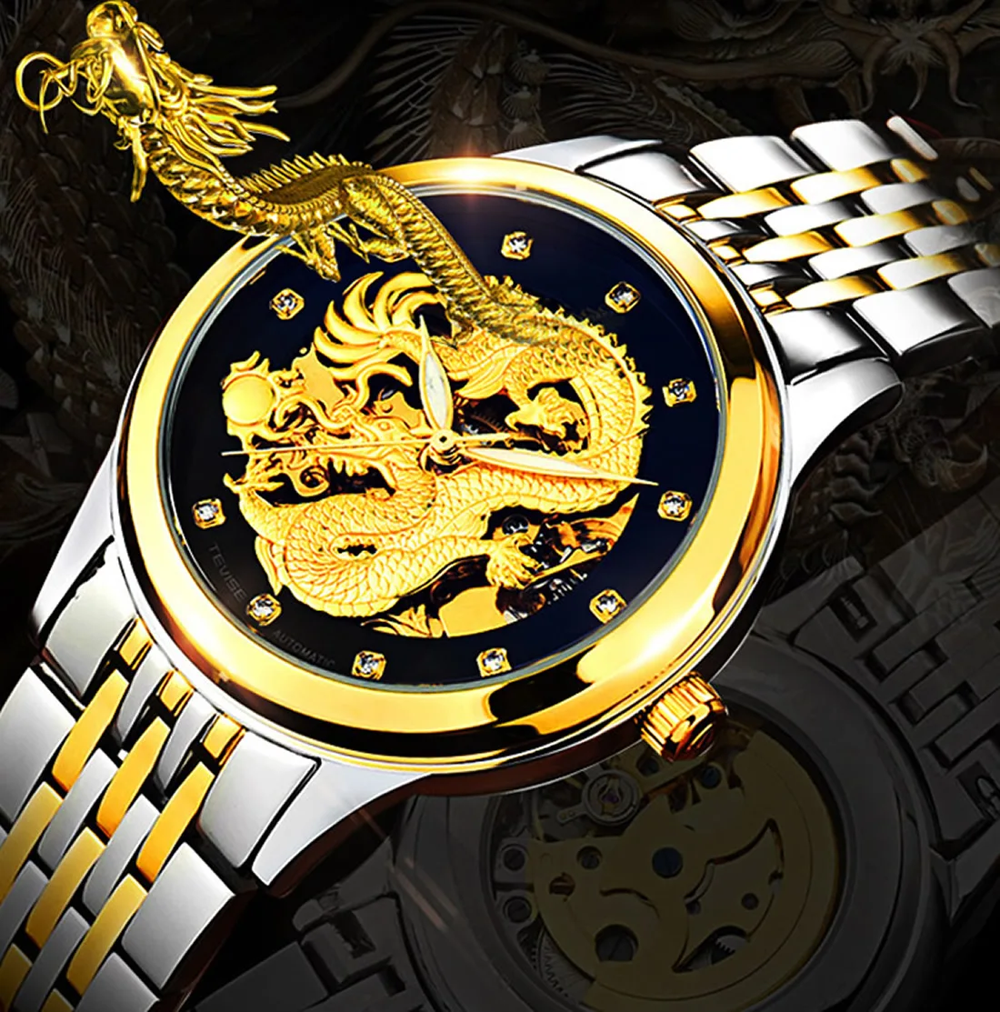 Luxury retro gold rhinestone watch men quartz watches business dragon