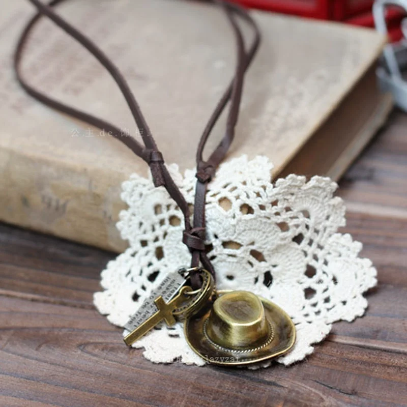 Buy Fashion Cowboy Hat Charm Leather Rope Necklace