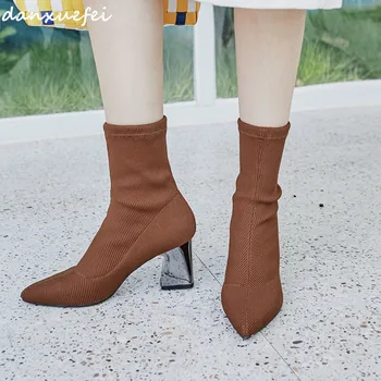 

Women's Stretch knitting slip-on ankle boots high heel pointed toe spring new boots ladies thick heel comfort short booties shoe